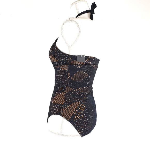 NEW!! Mossimo SIZE S Lace Crochet Overlay Halter One Piece Swimsuit Black Cute - Picture 3 of 12